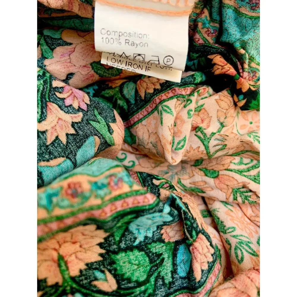 Boho Rayon Orange Teal Floral Halter Tie Empire Waist Mini Dress Women's Small - Picture 11 of 11